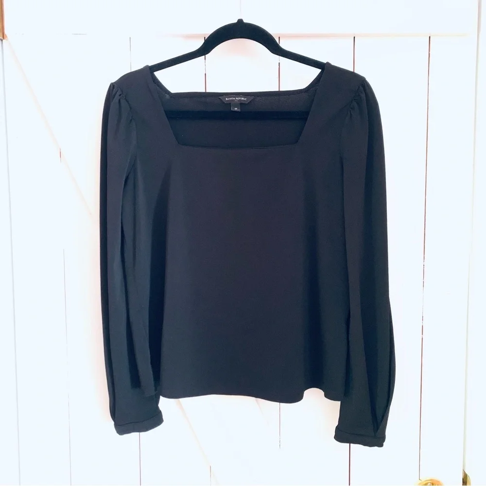 Banana Republic Black Blouse Square Neck Flowy Puff Shoulder Slit Sleeves Medium